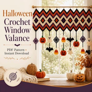 May include: A crochet window valance featuring a chevron pattern in black, orange, purple, and cream. Hanging from the valance are crocheted Halloween motifs including pumpkins, ghosts, bats, spiderwebs, and candy corn. Text reads Halloween Crochet Window Valance PDF Pattern Instant Download.