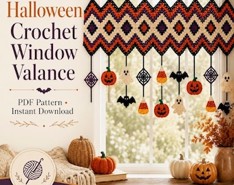 Halloween Granny Square Garland Crochet Curtain Pattern PDF, Pumpkin Ghost Bat Window Valance, Hanging Door Decor, Digital Download