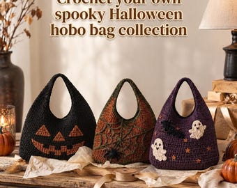 Patrón de bolso hobo de ganchillo para Halloween en PDF, 3 tamaños, bolso de telaraña de calabaza y fantasma, patrón de bolso espeluznante de ganchillo, descarga digital