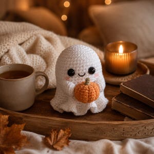 Puede incluir: Una figura de fantasma tejida a ganchillo en color blanco con ojos de cuentas negras y mejillas rosadas, sosteniendo una peque&ntilde;a calabaza tejida en color naranja. El fantasma est&aacute; sobre una bandeja de madera junto a una taza y una vela encendida.