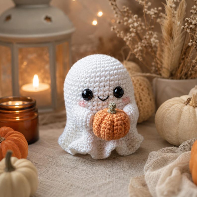 Puede incluir: Una figura de fantasma tejida a ganchillo en color blanco con ojos de seguridad negros, una peque&ntilde;a sonrisa bordada y mejillas sonrosadas. El fantasma sostiene entre sus brazos una peque&ntilde;a calabaza de ganchillo naranja con tallo verde.
