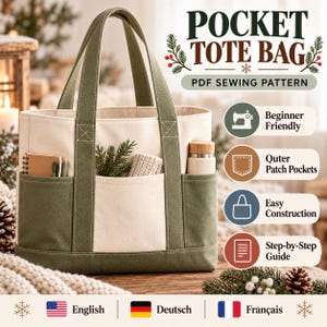 Puede incluir: Un bolso tote bicolor con paneles de lona verde oliva y secciones de tela color crema, con múltiples bolsillos exteriores. El texto POCKET TOTE BAG PDF SEWING PATTERN se muestra junto a iconos de apto para principiantes, bolsillos exteriores, construcción fácil y guía paso a paso.