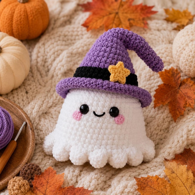 Puede incluir: Un fantasma de ganchillo blanco con un sombrero de bruja morado, una banda negra y una peque&ntilde;a estrella amarilla. El fantasma tiene ojos negros, una sonrisa bordada y mejillas rosadas. La textura est&aacute; hecha de hilo con forma redondeada.