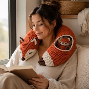 May include: A U-shaped crochet neck pillow designed as a fox with orange and white yarn, featuring a fox face on one end and a dark brown tipped tail on the other. A small, matching crocheted fox plush toy is tucked into a pocket on the side.