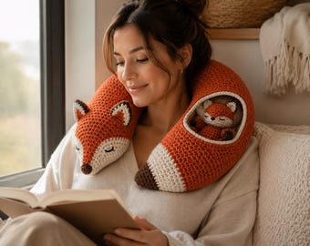 Fox Travel Pillow Crochet Pattern PDF, Amigurumi Neck Pillow, U Shaped Cushion, Mini Fox Pocket, Illustrated Digital Download