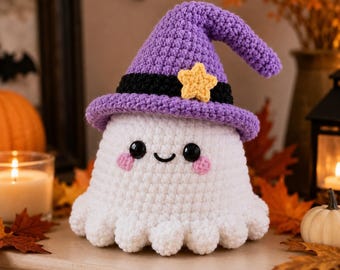 Patrón de ganchillo PDF de bruja fantasma, patrón de peluche de fantasma amigurumi de Halloween, patrón de fantasma adorable, descarga digital de fantasma amigurumi con sombrero de bruja
