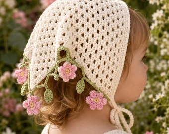 Crochet Bandana Bonnet Pattern PDF, Floral Baby Headscarf, Toddler Crochet Bonnet, Cottagecore Digital