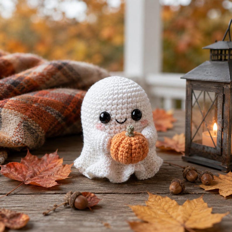 Patrón de ganchillo PDF de fantasma de calabaza acogedor, patrón de fantasma amigurumi de Halloween, decoración de ganchillo de otoño, descarga digital de peluche de fantasma de calabaza adorable imagen 3