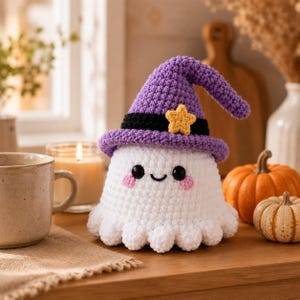 Patrón de ganchillo PDF de bruja fantasma, patrón de peluche de fantasma amigurumi de Halloween, patrón de fantasma adorable, descarga digital de fantasma amigurumi con sombrero de bruja imagen 3