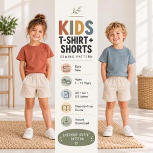 May include: A digital sewing pattern for a kids t-shirt and shorts set. The text reads KIDS T-SHIRT + SHORTS SEWING PATTERN, Easy Sew, Ages 1-12 Years, A0, A4, US Letter, Step-by-Step Guide, Instant Download, and EVERYDAY OUTFIT PATTERN.