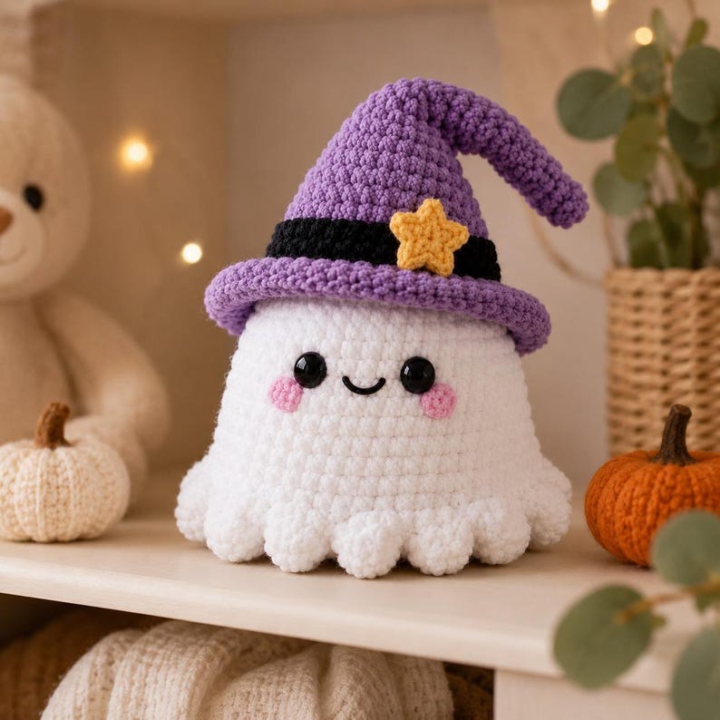 Patrón de ganchillo PDF de bruja fantasma, patrón de peluche de fantasma amigurumi de Halloween, patrón de fantasma adorable, descarga digital de fantasma amigurumi con sombrero de bruja imagen 2