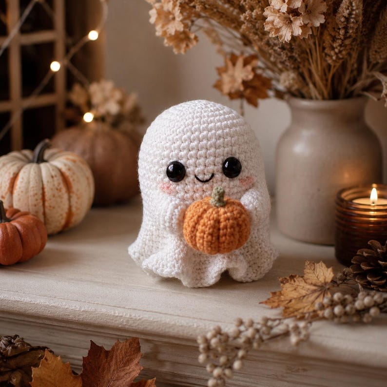 Puede incluir: Una figura de fantasma tejida a ganchillo en color blanco con ojos de pl&aacute;stico negro y mejillas rosadas, sosteniendo una peque&ntilde;a calabaza tejida en color naranja con un tallo verde. El fantasma tiene cabeza redondeada y cuerpo drapeado.