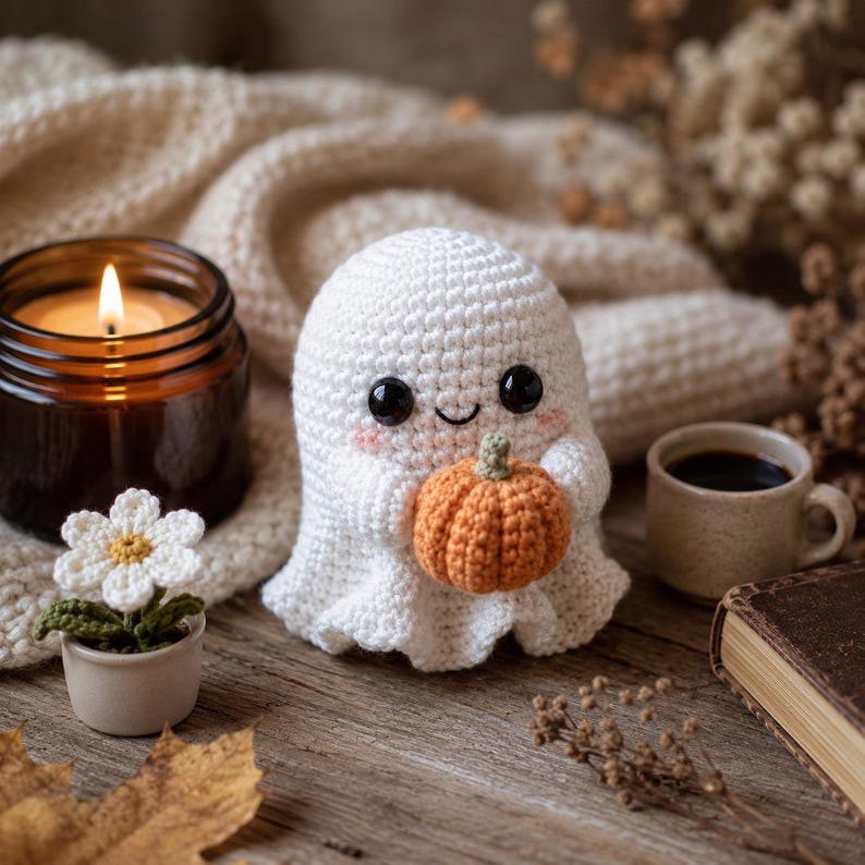 Puede incluir: Una figura de fantasma tejida a ganchillo en color blanco con ojos de cuentas negras y mejillas rosadas, sosteniendo una peque&ntilde;a calabaza tejida en color naranja. El fantasma se sit&uacute;a junto a una vela encendida en un frasco de vidrio marr&oacute;n.