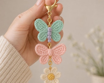 Crochet Butterfly Daisy Bag Charm Pattern (PDF), Pastel Keychain Accessory