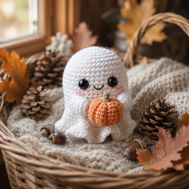 Patrón de ganchillo PDF de fantasma de calabaza acogedor, patrón de fantasma amigurumi de Halloween, decoración de ganchillo de otoño, descarga digital de peluche de fantasma de calabaza adorable imagen 6