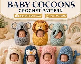 7 in 1 Animal Baby Cocoon Crochet Pattern PDF, Newborn Photo Prop Bundle, Koala Lion Elephant Lamb Penguin Axolotl Whale