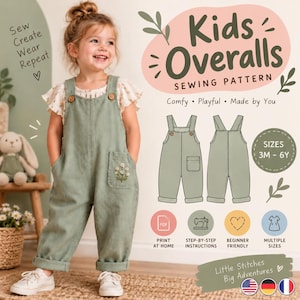 May include: A sewing pattern for kids overalls featuring text that reads Kids Overalls Sewing Pattern, Sew Create Wear Repeat, and Sizes 3M-6Y. The design includes a front and back technical drawing of sage green overalls with a floral pocket detail.