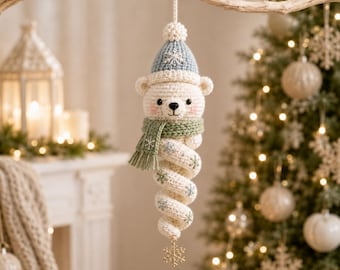 Polar Bear Crochet Pattern PDF, Christmas Ornament Amigurumi, Spiral Hanging Winter Bear, Holiday Decor Digital Download