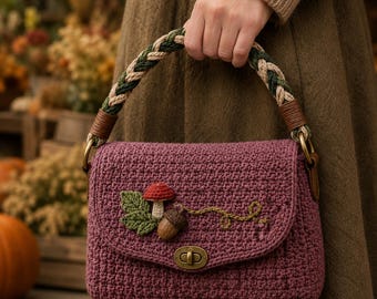 Crochet Satchel Bag Pattern, Mushroom Purse PDF, Woodland Crossbody Handbag, Cottagecore Shoulder Bag, Illustrated DIY Guide