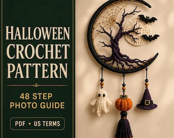 Halloween Crochet Wall Hanging Pattern PDF, Crescent Moon Ghost Pumpkin Witch Hat & Bat Decor, 48-Step Photo Guide, US Terms