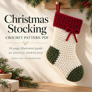 Könnte beinhalten: Eine Häkelanleitung für einen Weihnachtsstrumpf als PDF mit einem cremefarbenen Strumpf, einem dunkelroten gerippten Bündchen, einer kleinen roten Schleife sowie dunkelgrüner Ferse und Spitze. Der Text lautet Christmas Stocking CROCHET PATTERN PDF, 34-page illustrated guide, A4 DIGITAL DOWNLOAD, Pattern only • No finished item.
