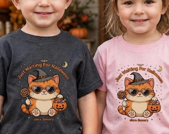 Magliette coordinate per fratelli e sorelle per Halloween | Maglietta per gemelli "In attesa di Halloween" | Magliette con gatti di Halloween per fratello e sorella | Set autunnale per bambini