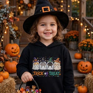 Kids Halloween Hoodie, Cute Ghost Cat Sweatshirt, Trick or Treat Pullover, Spooky Season Outfit