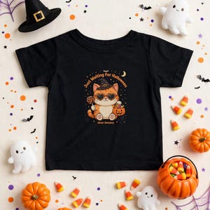 Kids Halloween Cat T-Shirt & Bodysuit  Just Waiting for Halloween Cute Pumpkin Cat Design
