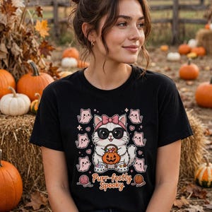 Purr-fectly Cute Halloween Cat Sweatshirt, Ghost Kitty Crewneck, Spooky Season Fall Pullover