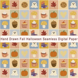 Könnte beinhalten: Ein Gittermuster aus handgezeichneten Herbst- und Halloween-Symbolen, darunter Kürbisse, Geister, Pilze, Eicheln, Kekse, Herzen, Cupcakes, Tassen mit Schlagsahne und gestreifte Socken. Der Text Hand Drawn Fall Halloween Seamless Digital Paper ist zentriert.