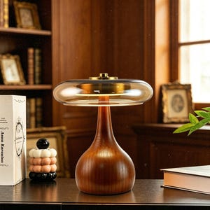 Dimmbare Massivholz Tischlampe, Japanische Retro Glas Schreibtischleuchte, 3 Farbe dimmbare Bernstein Glas Nachttischlampe