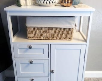 White Farmhouse Storage Cabinet with Drawers & Woven Baskets – Floor Organizer