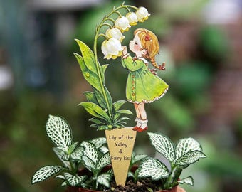 Maiglöckchen Fairy Girl Metall Pflanzenstecker, wunderliche Aquarell Eisen Blumentopf Dekor, Cottagecore Garten Dekor, Geschenk für Pflanzenliebhaber