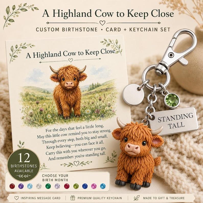 May include: A Highland cow keychain with a silver lobster clasp, a round blank charm, a green birthstone charm, and a rectangular tag engraved with the text STANDING TALL, accompanied by a matching message card featuring a Highland cow illustration.