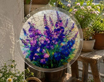 Purple Flower Acrylic Puzzle Suncatcher, 83 Piece Lavender Window Hanging, Stained Glass Style Sun Catcher, Home & Garden Decor Gift