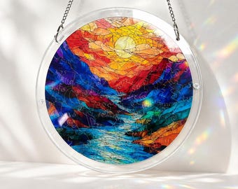 Acrylic Puzzle Suncatcher, 83-Piece Colorful Landscape Window Hanging, Stained Glass Style Sun Catcher, Home & Garden Decor Gift