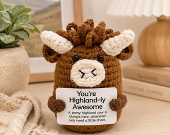 Highland Cow Crochet Gift, You’re Highland-ly Awesome Cow, Cute Emotional Support Plush, Thinking of You Gift, Cheer Up Gift for Friend