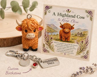Highland Cow Keychain with Custom Birthstone, Resin Cow Charm with Message Card, Standing Tall Encouragement Gift,Highland Cow Keychain Gift