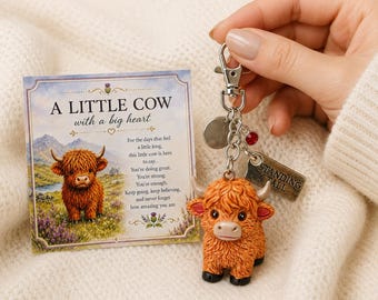 Highland Cow Keychain with Birthstone Charm, Personalized Encouragement Gift, Cute Cow Bag Charm, Resin Animal Keychain, Inspirational Gift