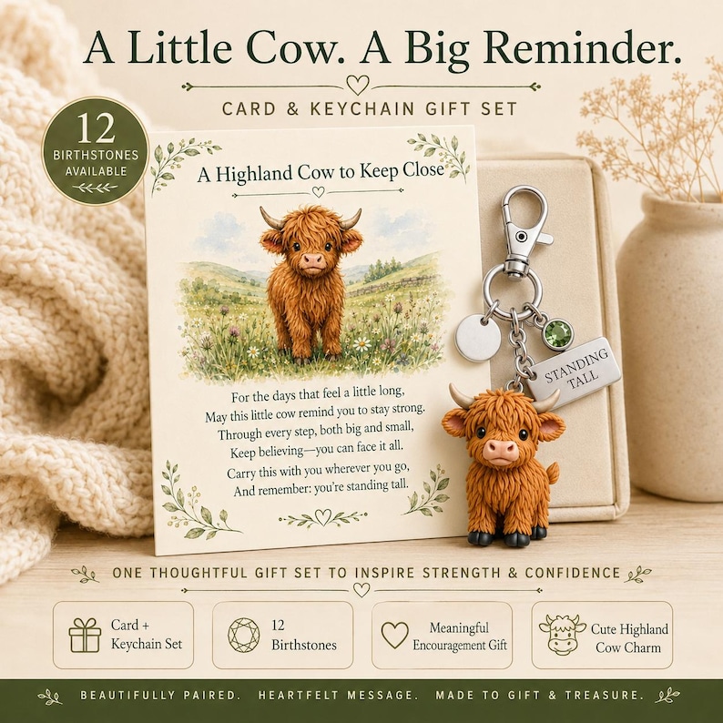 May include: A gift set featuring a greeting card with a Highland cow illustration and a poem, paired with a metal keychain featuring a small brown Highland cow charm, a green birthstone, and a rectangular tag engraved with the text STANDING TALL.