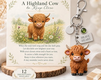 Highland Cow Keychain Gift with Custom Birthstone, Brave Heart Charm, Encouragement Gift, Thinking of You Gift, Cute Cow Keepsake Card Set
