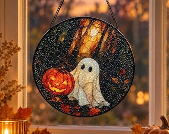 Halloween Ghost and Pumpkin Suncatcher, 20cm Glass Window Hanging, Spooky Fall Wall Decor for Home and Porch