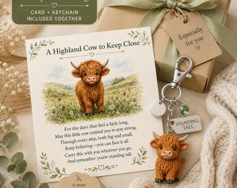 Highland Cow Keychain Gift with Custom Birthstone, Standing Tall Charm, Encouragement Gift, Cow Lover Gift, Message Card Keepsake Set