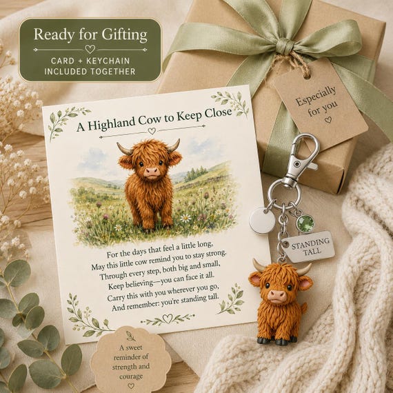 Highland Cow Keychain Gift with Custom Birthstone, Standing Tall Charm, Encouragement Gift, Cow Lover Gift, Message Card Keepsake Set