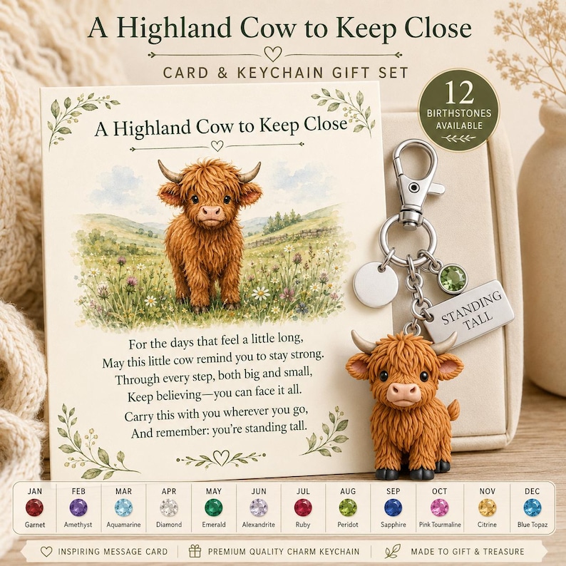 May include: A Highland cow gift set featuring a card with a watercolor illustration of a calf and an inspirational poem, paired with a silver-toned keychain. The keychain includes a miniature Highland cow charm and a tag reading STANDING TALL.