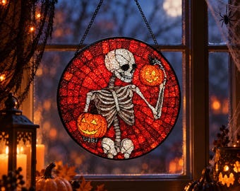 Skeleton Pumpkin Window Hanging, 20cm Glass Suncatcher, Halloween Wall or Porch Decor, Spooky Autumn Home Accent