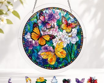 Butterfly Acrylic Puzzle Suncatcher, 83 Pcs Stained Glass Style Window Hanging, Floral Sun Catcher, Garden & Home Decor Gift
