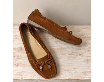 Michael Kors Lillie Moccasin Flats Suede Bow Cognac Brown Size 7
