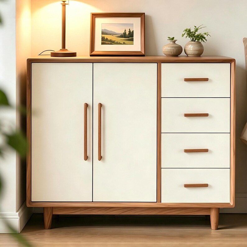 Peut inclure: Un buffet en bois dot&eacute; d'un cadre en bois naturel avec deux portes de placard blanches et quatre tiroirs blancs empil&eacute;s. Chaque porte et chaque tiroir est &eacute;quip&eacute; d'une fine poign&eacute;e horizontale marron. Le meuble repose sur quatre pieds fusel&eacute;s.