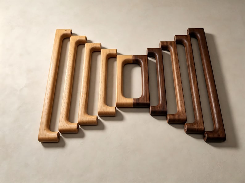 Peut inclure: Une collection de neuf poign&eacute;es de placard en bois dispos&eacute;es en d&eacute;grad&eacute;, du ch&ecirc;ne clair au noyer fonc&eacute;. Les poign&eacute;es pr&eacute;sentent un design rectangulaire allong&eacute; avec des bords arrondis et un grain de bois visible, variant en longueur.